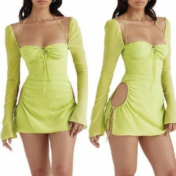 NWT House Of CB  Baby lime chiffon halter mini dress - Picture 1 of 9